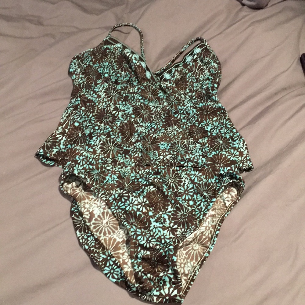 Leilani tankini in teal and brown flower pattern